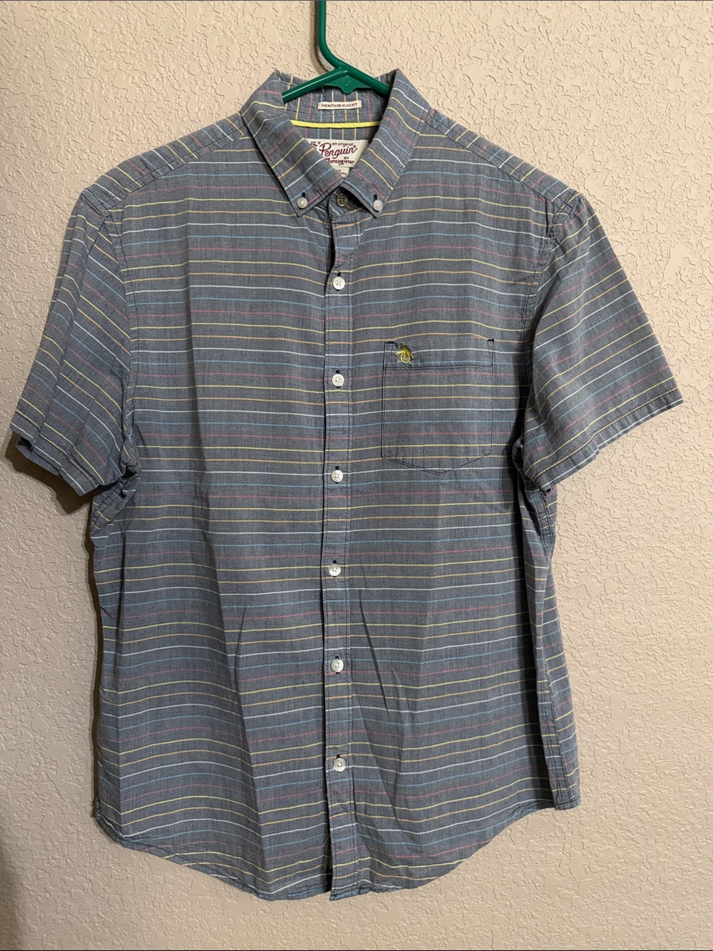 Original Penguin Short-Sleeve Button-Down Stripe Shirt on Blue Size Large